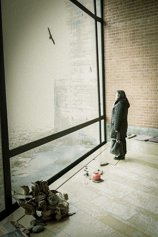 Bild einer Frau, welche aus dem Fenster schaut
